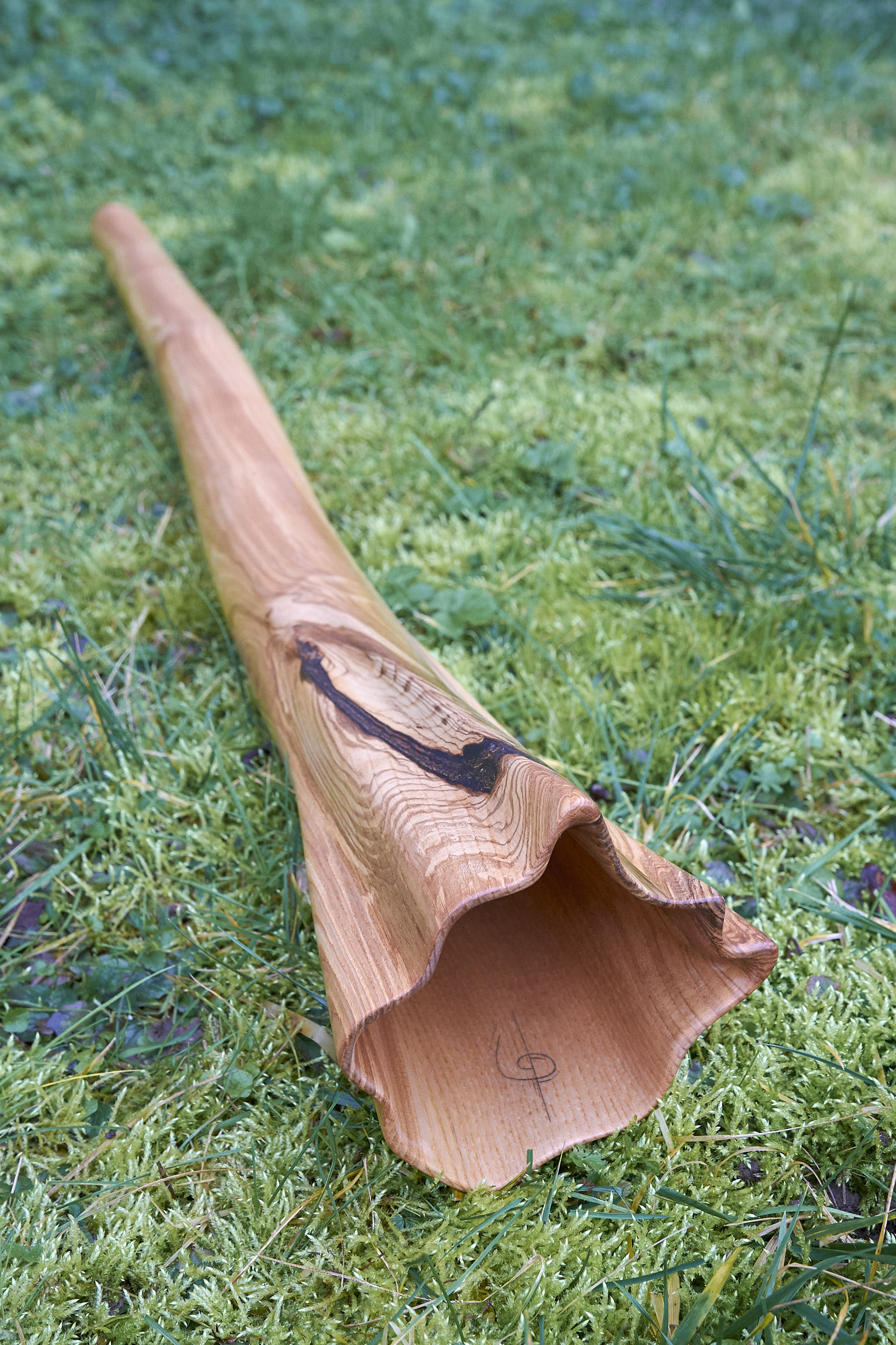 Didgeridoo courbé, en Ré#, fabriqué en bois de frêne avec une cloche très sculptée